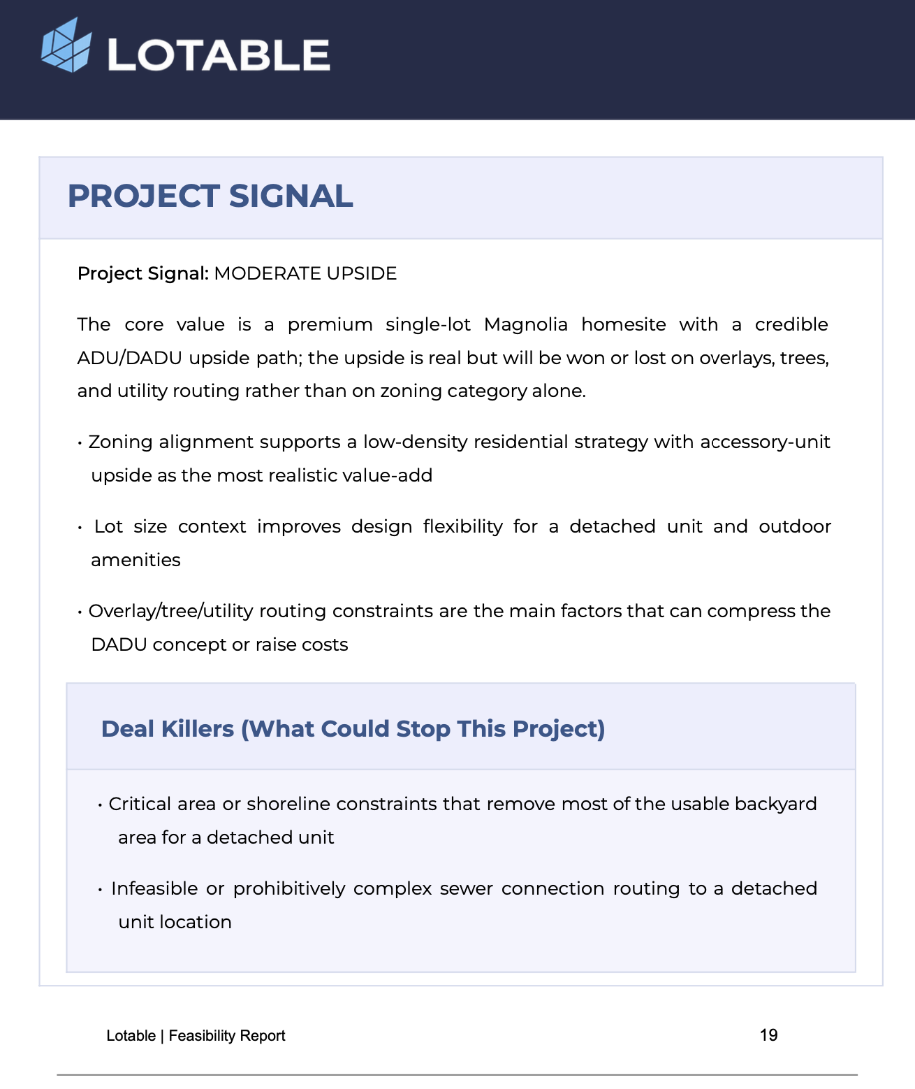 Sample Lotable project signal and deal killers page